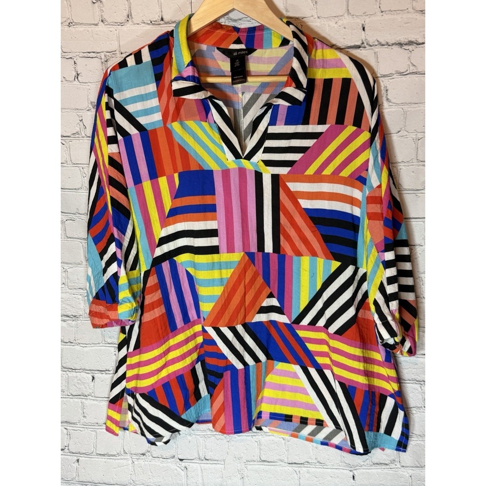 Ali Miles 1X Multiple Stripe Print Colorful Funky Top Plus Size Collared Boxy